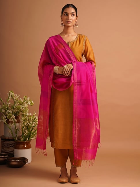 Jaypore Women Fuchsia Pink Striped Dupatta-picture-44