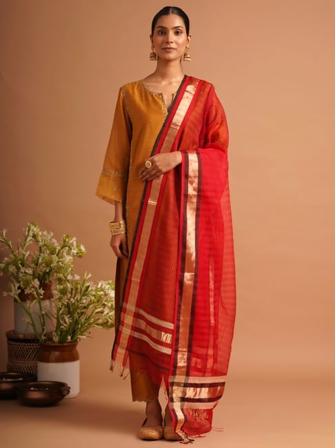 Jaypore Women Red Striped Dupatta-picture-27