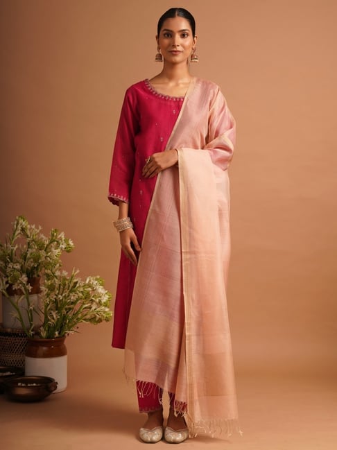 Jaypore Women Peach Checks Dupatta-picture-35