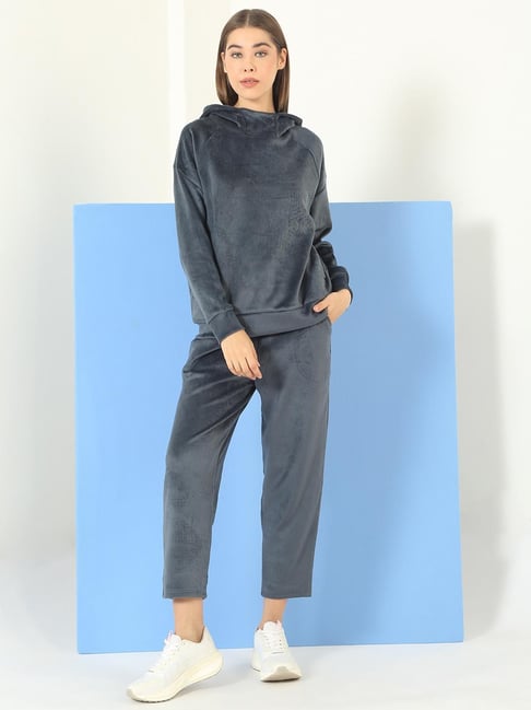 Sweet Dreams Navy Regular Fit Long Sleeves Suede Textured Tracksuit