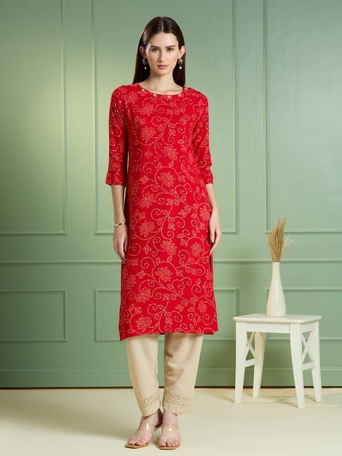 Fashor Red Printed Three-Quarter Sleeves Kurta Kurtis