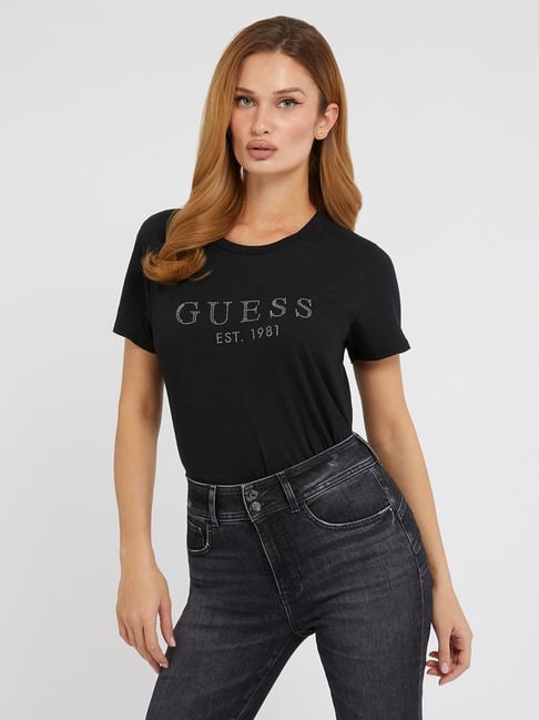 Guess Black Pure Cotton Embellished Round Neck T-Shirt