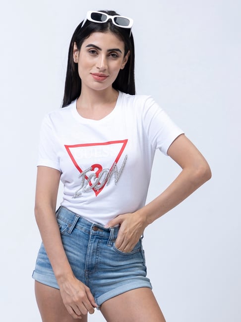 Guess WoMen White Cotton Logo Regular Fit Half Sleeves T-shirt