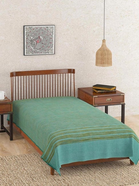 Fabindia Teal Haiba Cotton Hand Woven Single Bed Cover-image-35
