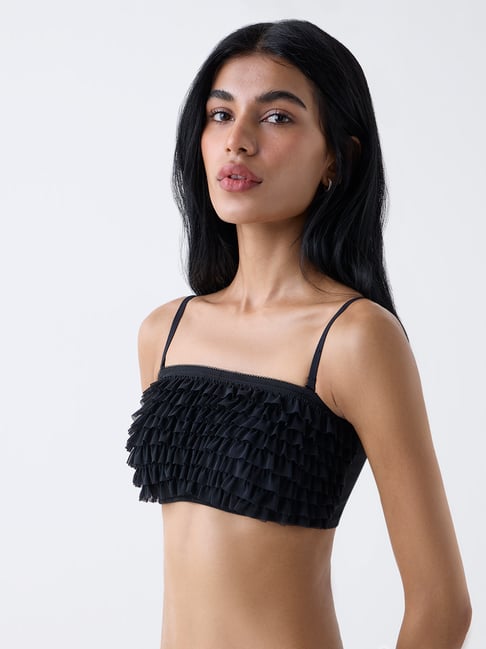 Superstar by Westside Black Ruffle-Detailed Padded Bandeau Bra