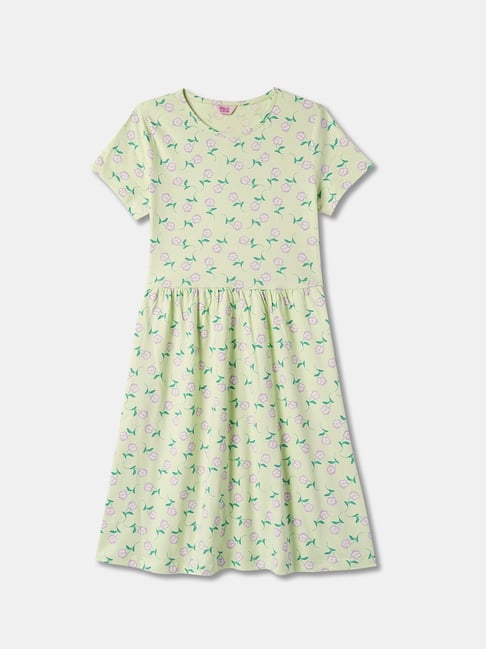 R&B Kids Light Green Floral Print Regular Fit Dress-picture-40
