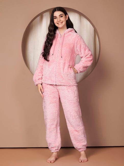 Secret Wish Pink Solid Faux Fur Winter Night Suit