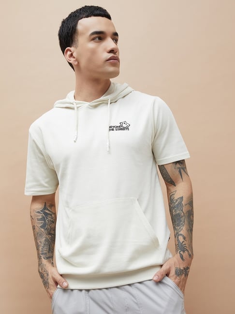 SmileyWorld White Cotton Relaxed Fit Printed Hoodie