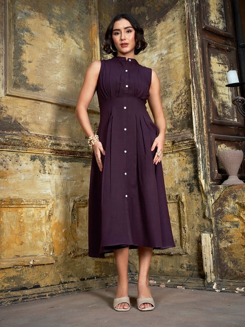 PURVAJA Purple Linen Midi Dress PURVAJA Purple Linen Midi Dress