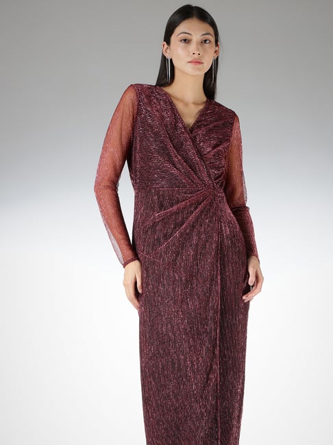 Fablestreet Wine Polyester Striped Wrap Dress-picture-20