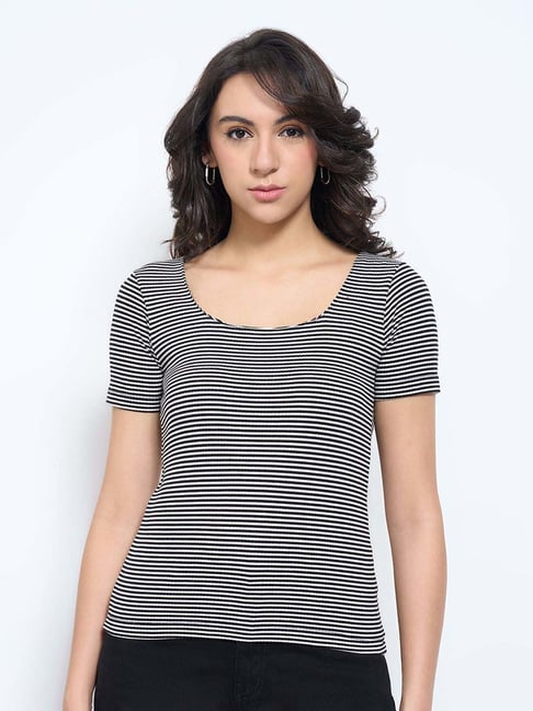 Sf Jeans By Pantaloons Jet Black Slim Fit Striped Top-picture-28