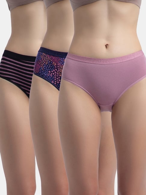 Jockey 3006 Women's High Coverage Super Combed Cotton Elastane Stretch Mid Waist Hipster With Exposed Waistband (Pack of 3_Colors & Prints May Vary)