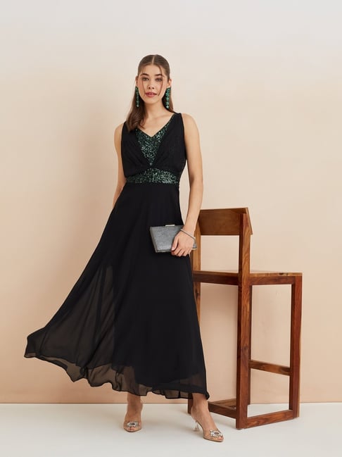 Latin Quarters Jet Black Polyester Embellished Maxi Dress