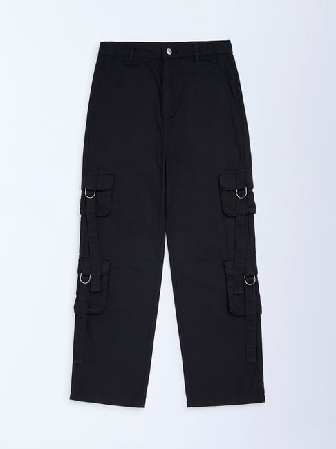 Y&F Kids by Westside Black Solid Mid-Rise Cotton Trousers-picture-30