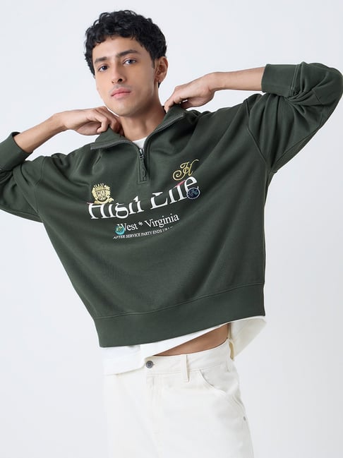 Nuon by Westside Dark Olive Relaxed-Fit Cotton-Blend Quarter-Zip Sweatshirt