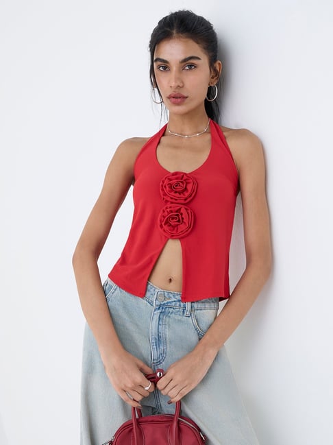 Nuon by Westside Red Rosette-Detailed Halter-Neck Top