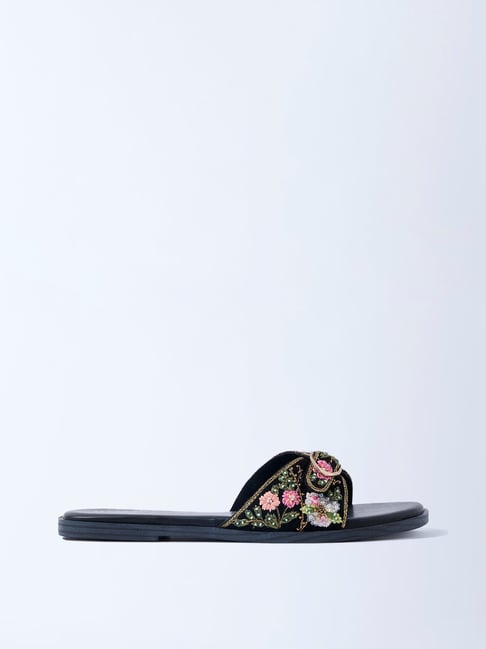 LUNA BLU by Westside Black Floral Embroidered Slides-picture-16