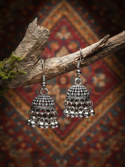 NVR Silver Toned German Silver Oxidised Dome Shaped Jhumka Earrings