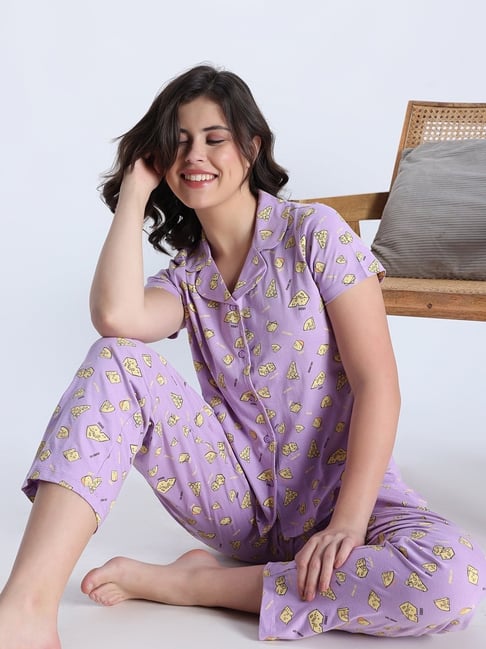 Zivame Lavender Cotton Printed Night Suit