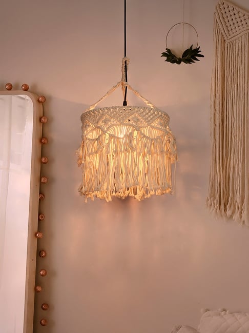 FOS LIGHTING White Fabric Bohemian Macrame Drum Knotted Fringe Ceiling Light