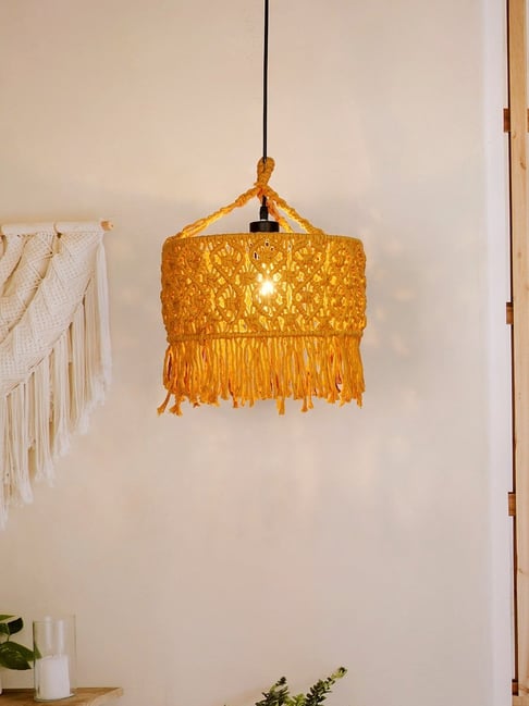 FOS LIGHTING Yellow Fabric Bohemian Macrame Drum Ceiling Light