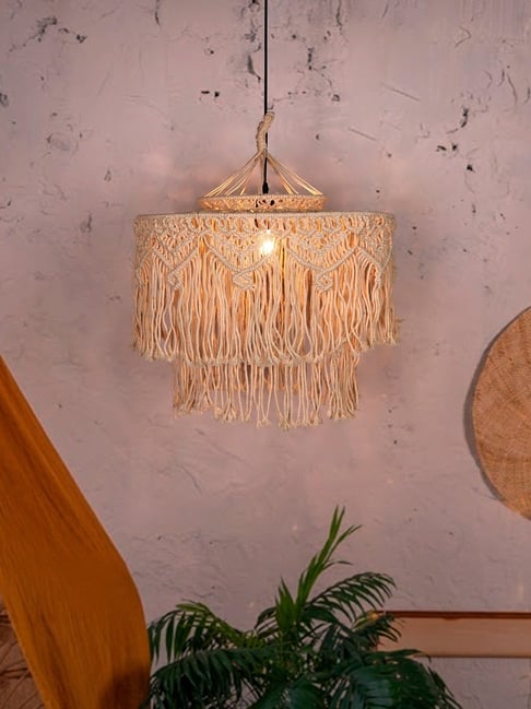 FOS LIGHTING White Fabric Bohemian Macrame 2 Tier Drum Ceiling Light