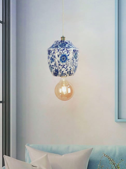 FOS LIGHTING Blue Mild Steel Floral Print Chinoiserie Jar Shaped Ceiling Light