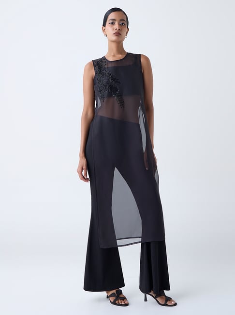 Vark by Westside Black Embellished Sheer Kurta with Inner