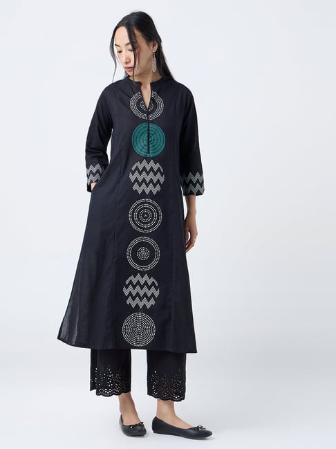 Utsa by Westside Black Geometric Design Cotton-Blend A-Line Kurta-picture-26