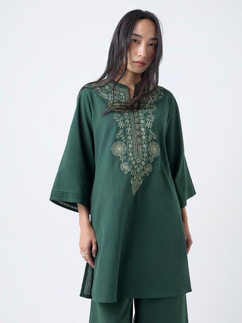 Utsa by Westside Jade Green Embroidered Cotton-Blend A-Line Kurti-picture-24