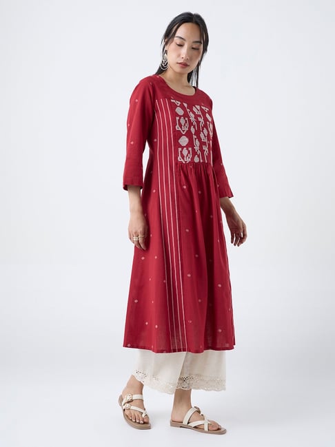 Utsa by Westside Red Jamdani Embroidered Cotton-Blend A-Line Kurta-picture-28
