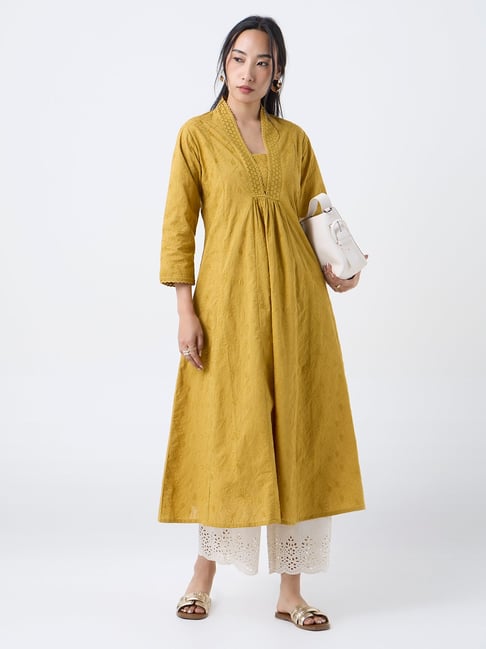Utsa by Westside Mustard Floral Embroidered Cotton A-Line Kurta-picture-17