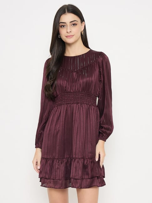 MADAME Wine Cotton Striped Long Sleeves Dress