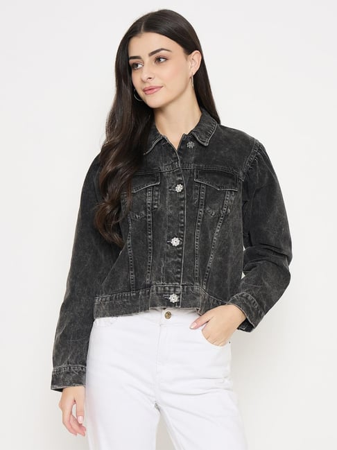 MADAME Black Solid Long Sleeves Denim Jacket