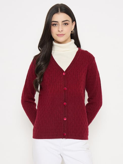 MADAME Maroon Woven Design Long Sleeves Cardigan