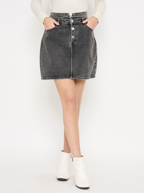 MADAME Black Cotton Solid Skirt
