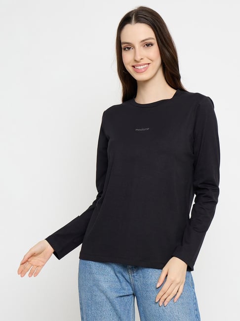 MADAME Black Solid Long Sleeves T-Shirt