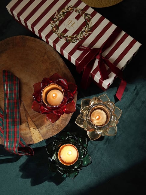 Pure Home and Living Multicolor Glass Lotus Shaped Tealight Holders - Set of 3-picture-37