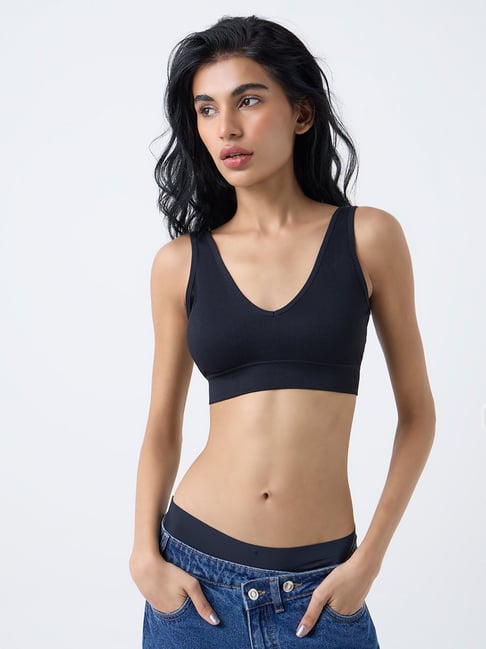 Superstar by Westside Black Ribbed-Textured Seam-Free Padded Bra