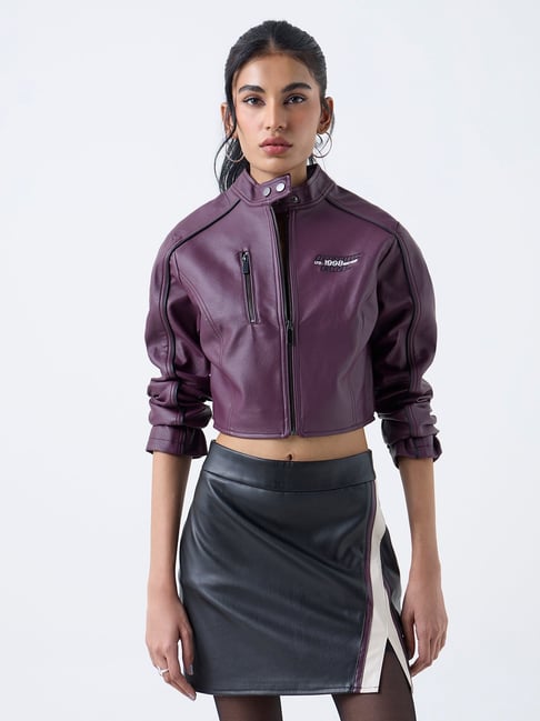 nuon women Nuon by Westside Plum Typographic Faux-Leather Jacket-picture-37