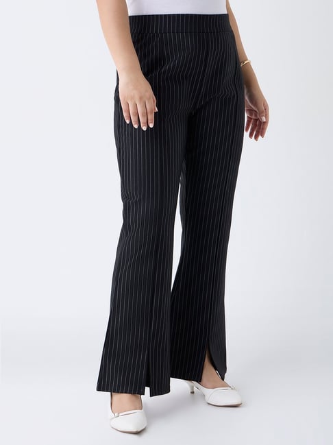 Gia by Westside Black Pinstriped High-Rise Bootcut Trousers