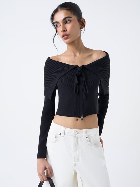 Nuon by Westside Black Ribbed Off-Shoulder Top