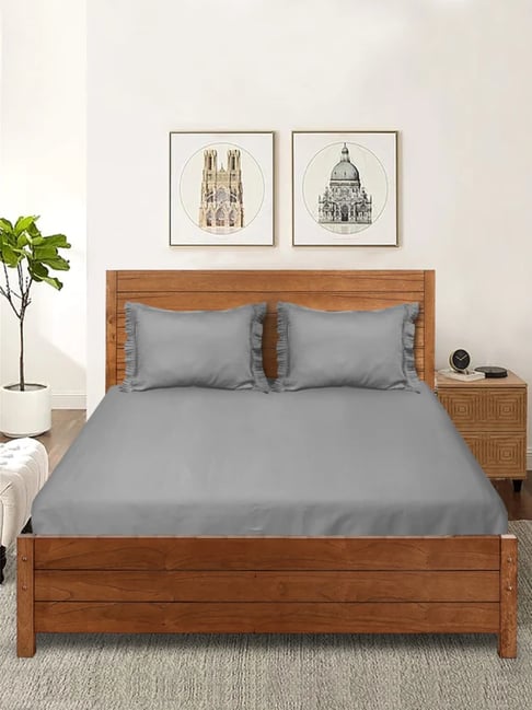 Saral Home Grey & Blue Cotton 224 TC Queen Bedsheet - Set of 6