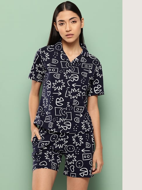 Leading Lady Navy Blue Cotton Printed Night Suit