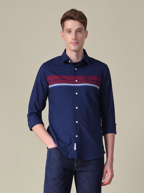 U.S. Polo Assn. Navy Blue Cotton Regular Fit Striped Shirt-picture-42