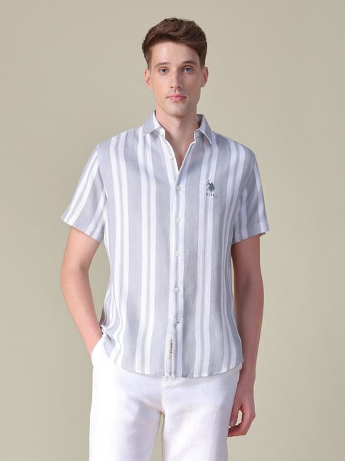U.S. Polo Assn. Light Grey & White Cotton Regular Fit Striped Shirt-picture-18