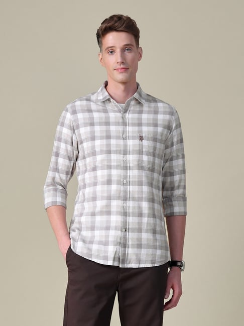U.S. Polo Assn. White & Grey Cotton Regular Fit Checked Shirt