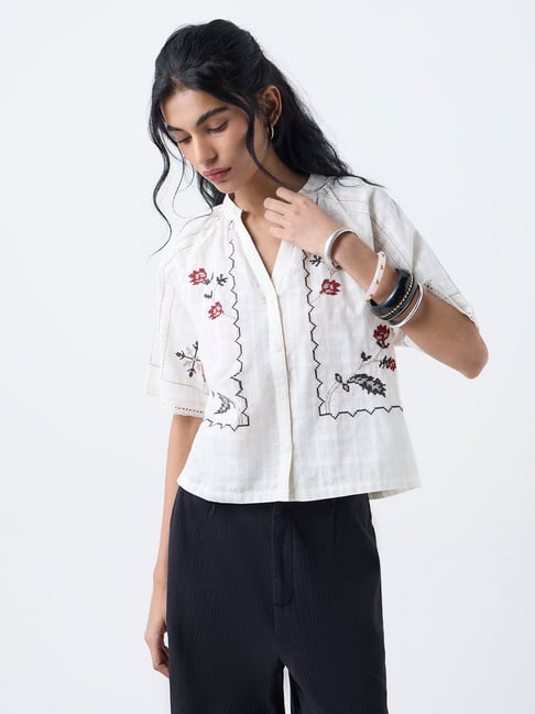 Bombay Paisley by Westside Off-White Floral Embroidered Cotton Shirt