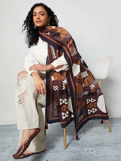 Melange By Lifestyle Brown Printed Dupatta