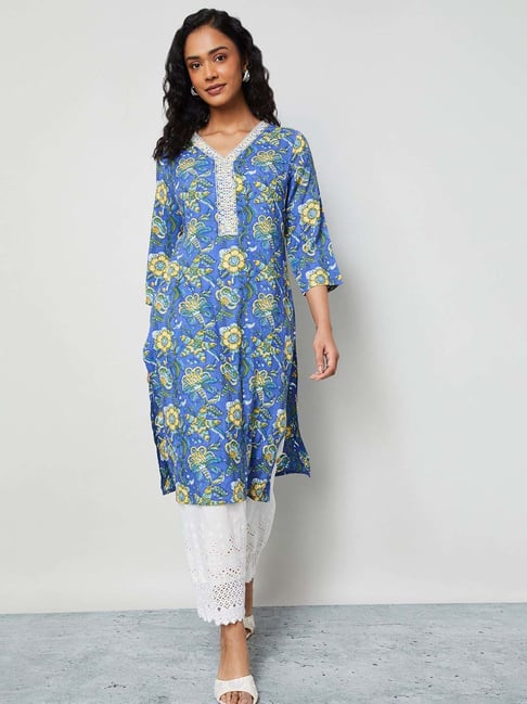 Melange By Lifestyle Blue Regular Fit Floral Print Kurta-picture-10